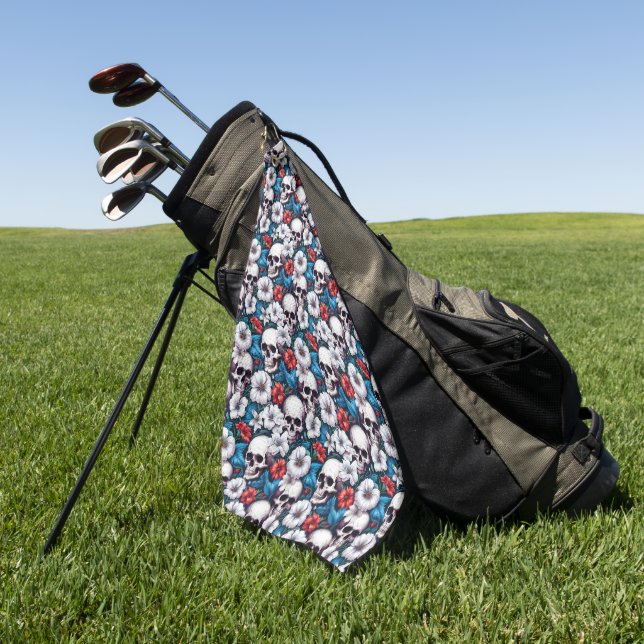 Skulls with Red and White Flowers Golf Towel (Green)