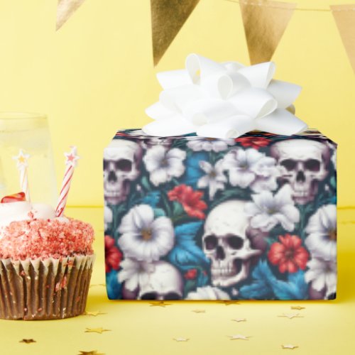 Skulls with Red and White Flowers Wrapping Paper
