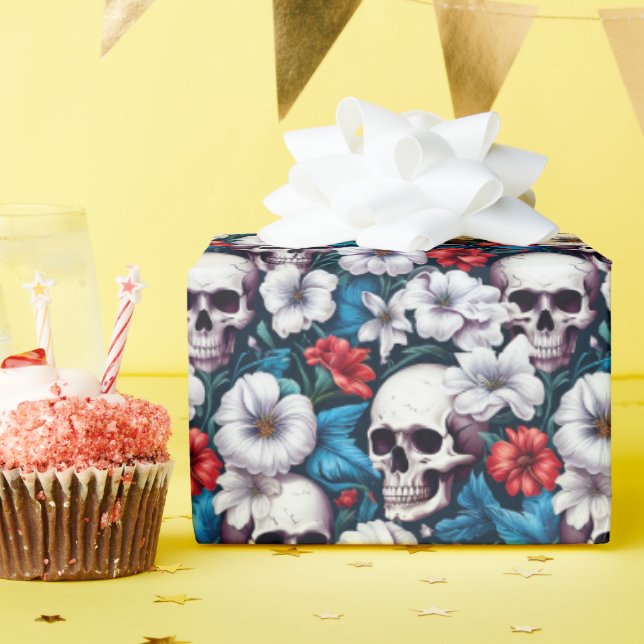 Skulls with Red and White Flowers Wrapping Paper (Birthday Party)