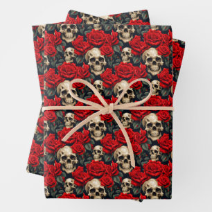 Skulls with Red & Black Roses Goth Valentine Wrapping Paper Sheets