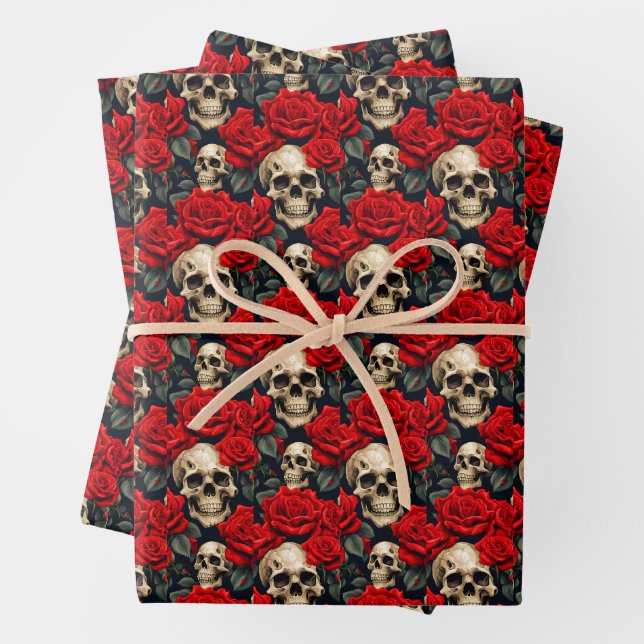 Skulls with Red & Black Roses Goth Valentine Wrapping Paper Sheets (In situ)