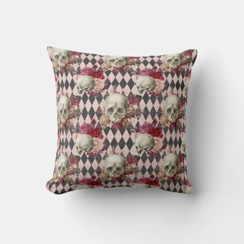 Skulls with Roses and Pink Checkered Throw Pillow