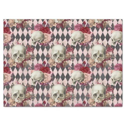 Skulls with Roses and Pink Checkered Tissue Paper