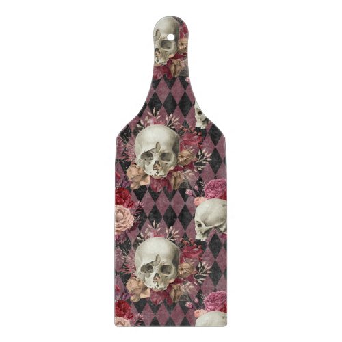 Skulls with Roses and Pink Purple Checkered Cutting Board