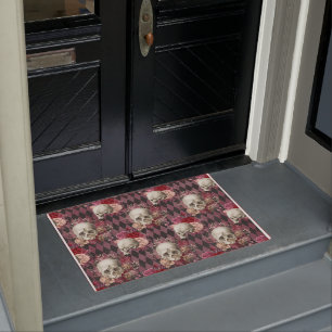 Skulls with Roses and Pink Purple Checkered Doormat