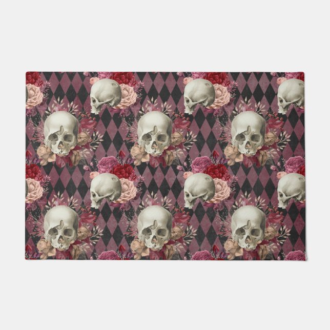 Skulls with Roses and Pink Purple Checkered Doormat (Front)
