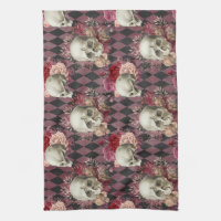 Dark Black Hot Pink Goth Skulls Kitchen Towel, Zazzle