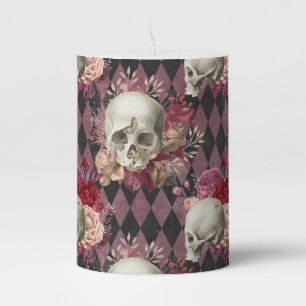 Skulls with Roses and Pink Purple Checkered Pillar Candle