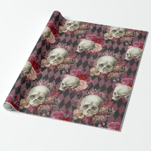 Skulls with Roses and Pink Purple Checkered Wrapping Paper