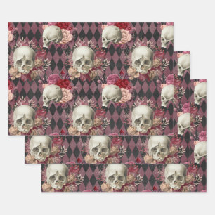 Skulls with Roses and Pink Purple Checkered Wrapping Paper Sheets