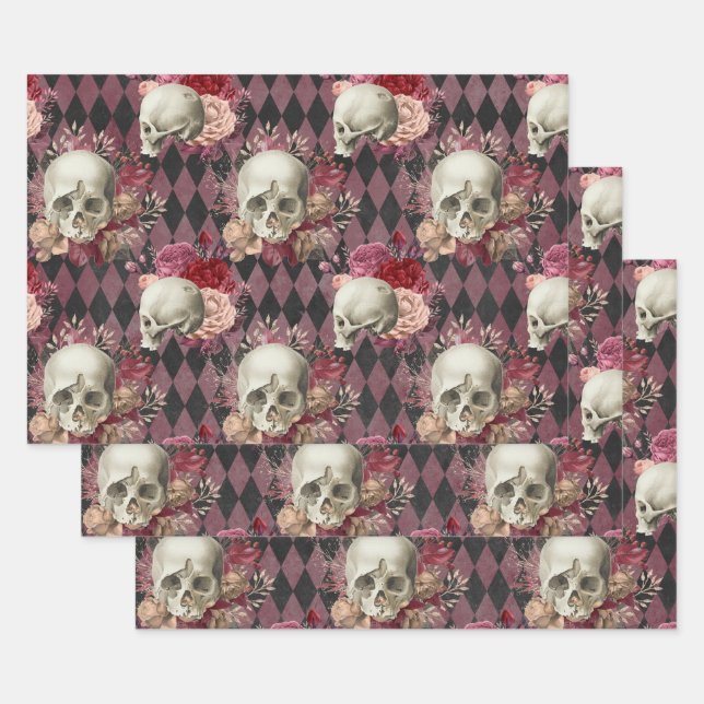 Skulls with Roses and Pink Purple Checkered Wrapping Paper Sheets (Set)