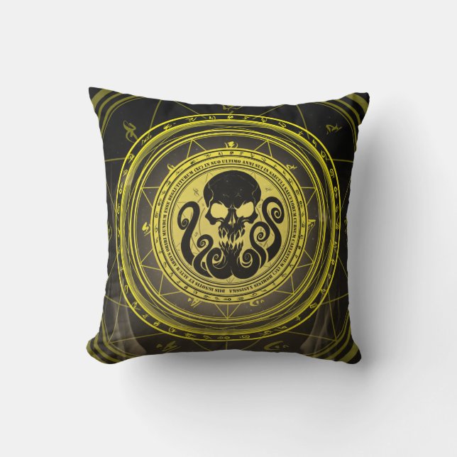 Skullthulhu Fearfull Yellow Arcane Throw Pillow (Front)
