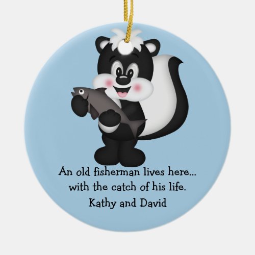 Skunk and Fish Ceramic Ornament