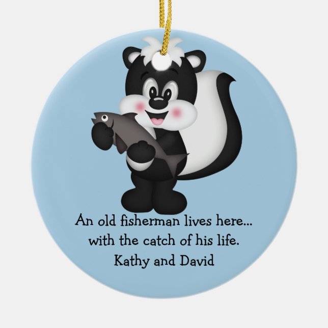 Skunk and Fish Ceramic Ornament (Front)