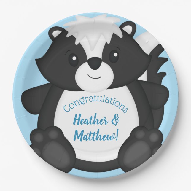 Skunk Baby Shower Blue Paper Plates (Front)