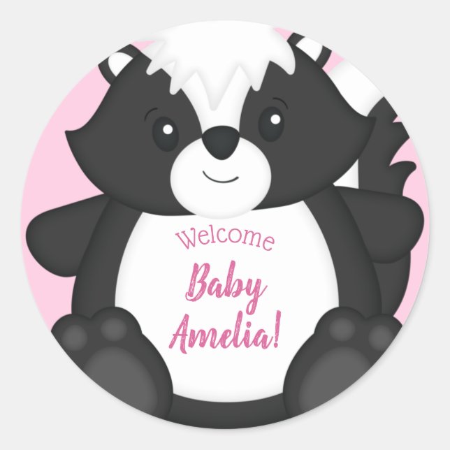 Skunk Baby Shower Pink Classic Round Sticker (Front)