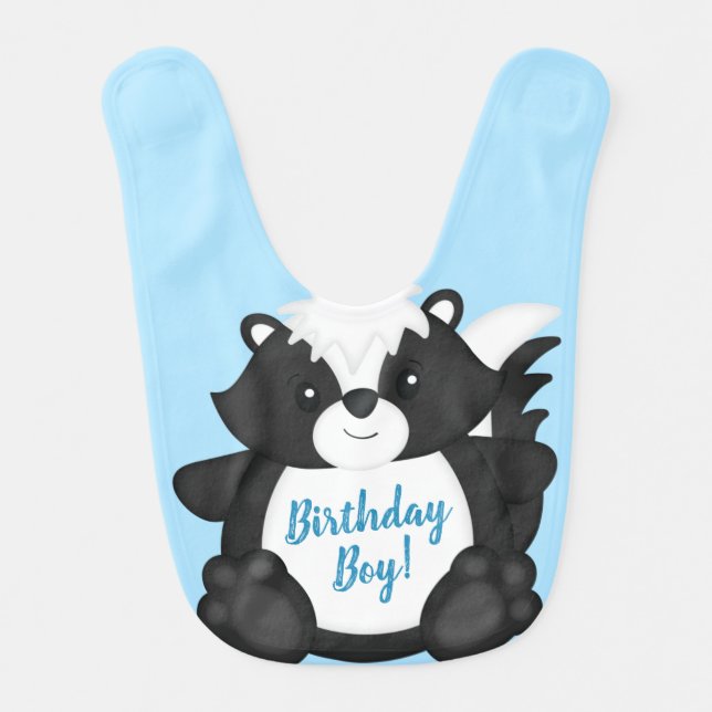 Skunk Birthday Party Blue Baby Bib (Front)