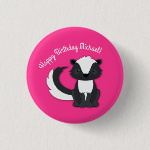 Skunk Birthday Party Kids Pink Button