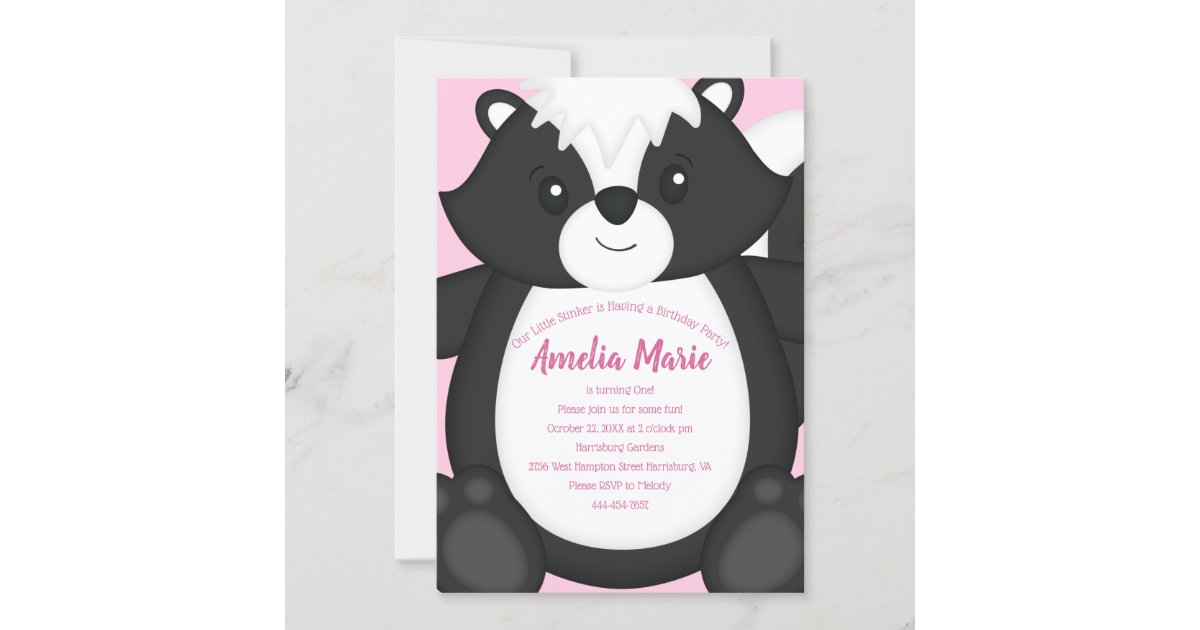 Skunk Birthday Party Pink Invitation | Zazzle