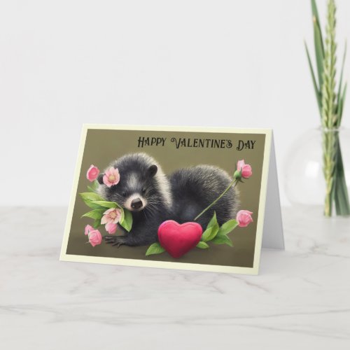 Skunk Hugging Flowers Valentines Card