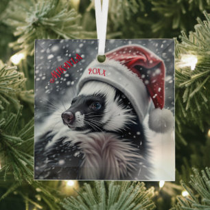 Skunk in Santa Hat  Ceramic Ornament