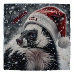 Skunk in Santa Hat Ceramic Ornament Trivet