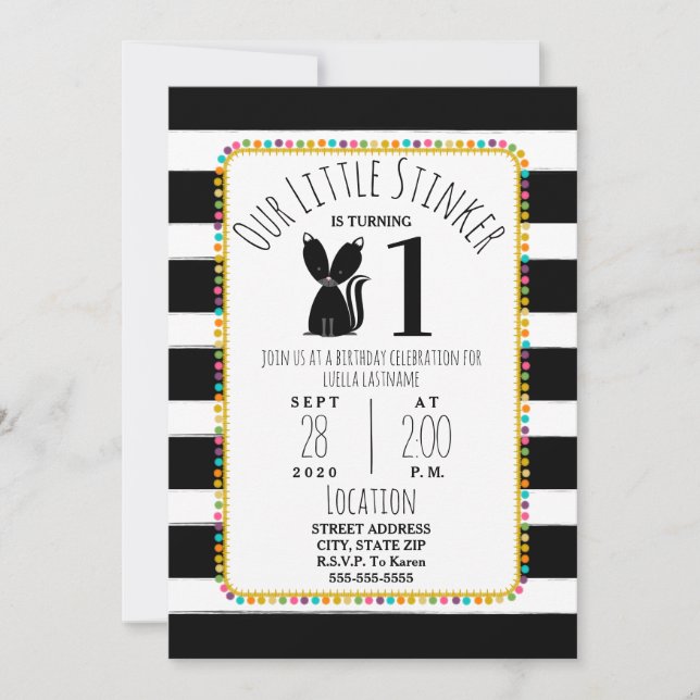 Skunk Little Stinker Pompom Stripes Birthday Party Invitation (Front)