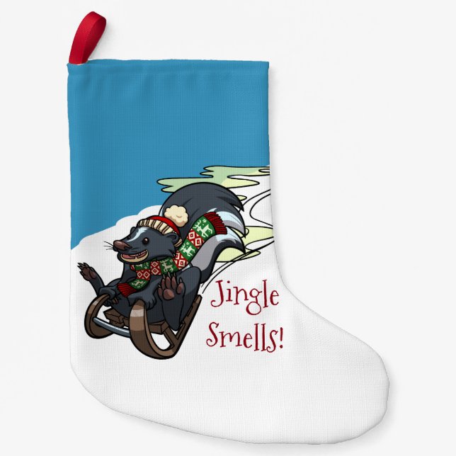 Skunk On A Sled Jingle Smells! Christmas Cartoon Small Christmas Stocking (Front)