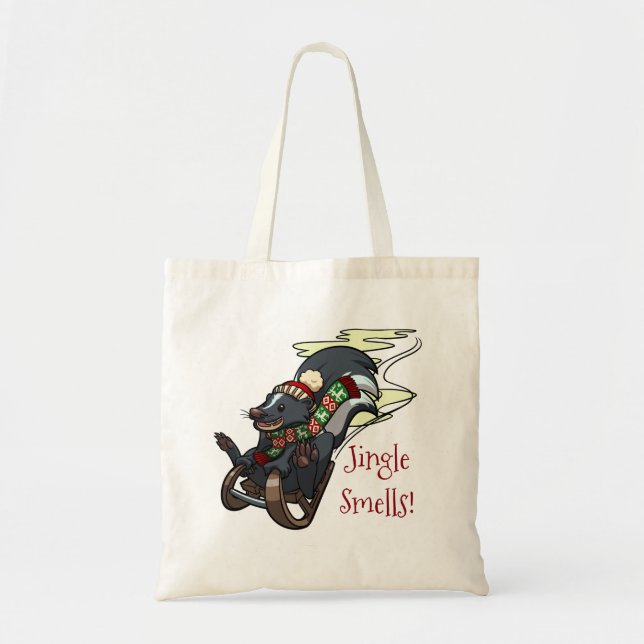 Skunk On A Sled Jingle Smells! Christmas Cartoon Tote Bag (Front)