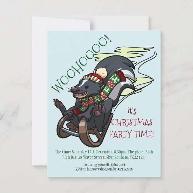 Skunk On A Sled Smelly Christmas Party Cartoon Invitation (Front)