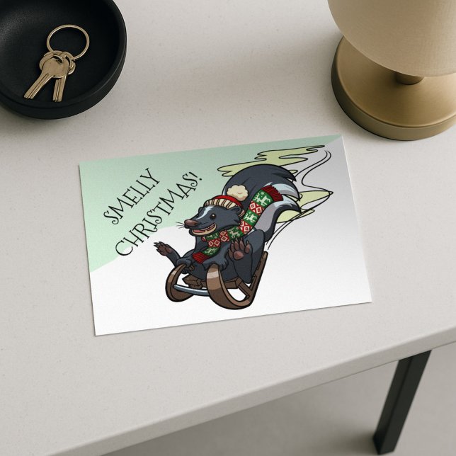 Skunk On A Sled Smelly Christmas Sledging Cartoon Holiday Postcard (Creator Uploaded)
