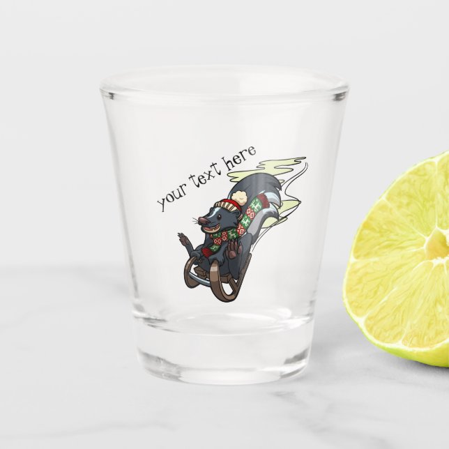 Skunk On A Sled Smelly Christmas Sledging Cartoon Shot Glass (Front)