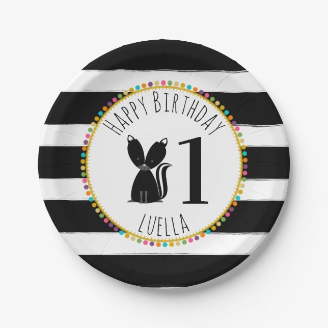Skunk Pompom Stripes Birthday Paper Plates (Front)