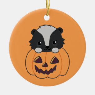 Skunk Pumpkin Cute Skunks Happy Halloween Ceramic Ornament