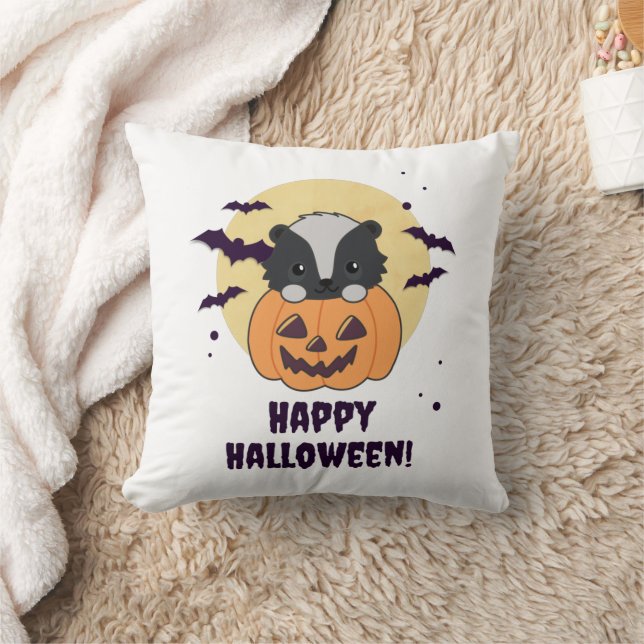 Skunk Pumpkin Cute Skunks Happy Halloween Throw Pillow (Blanket)