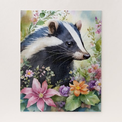 Skunk Watercolor Floral Art Jigsaw Puzzle