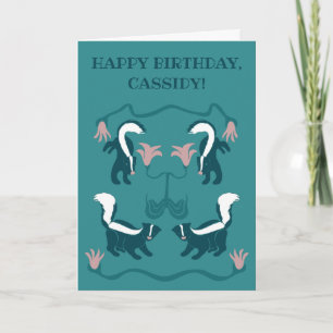 Skunks and Flowers Dark Teal Green Birthday Card