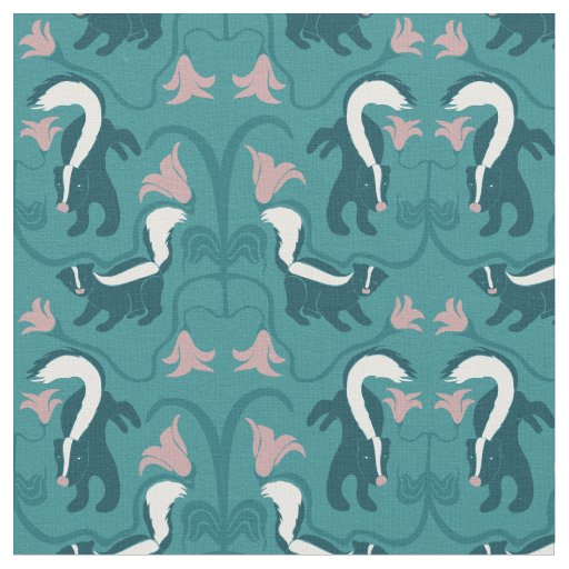 Skunks and Flowers Dark Teal Green Fabric