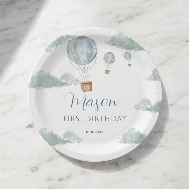 Sky Adventure Blue Hot Air Balloon First Birthday Paper Plates (Creator Uploaded)