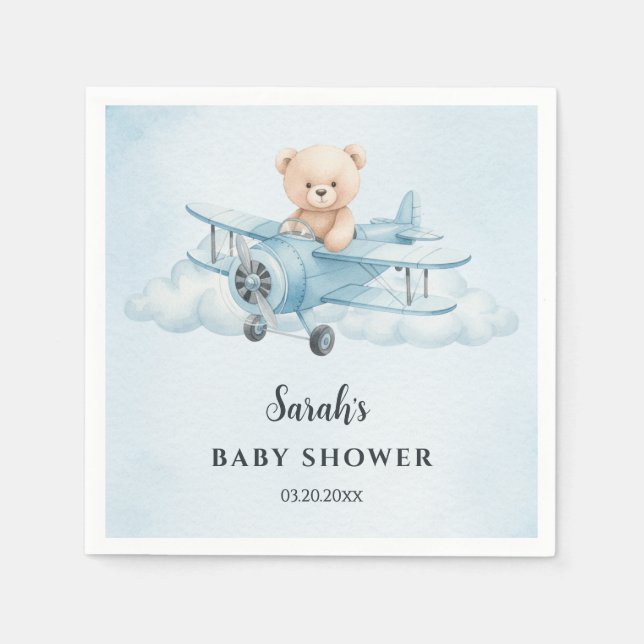 Sky Adventure Cute Teddy Bear Pilot Baby Shower Napkins (Front)