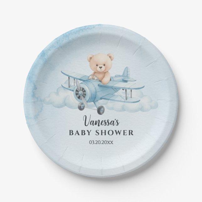 Sky Adventure Cute Teddy Bear Pilot Baby Shower Paper Plates (Front)