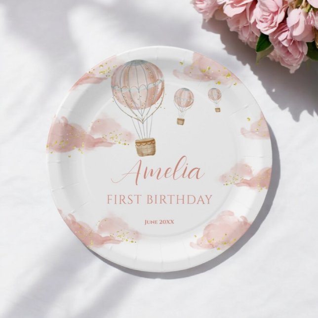 Sky Adventure Pink Hot Air Balloon First Birthday Paper Plates (Creator Uploaded)