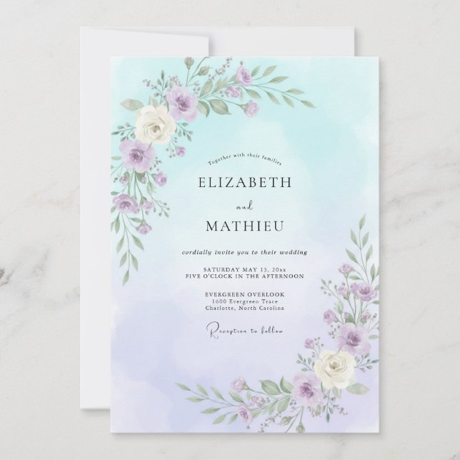 Sky Amethyst Petals Wedding Invitation (Front)