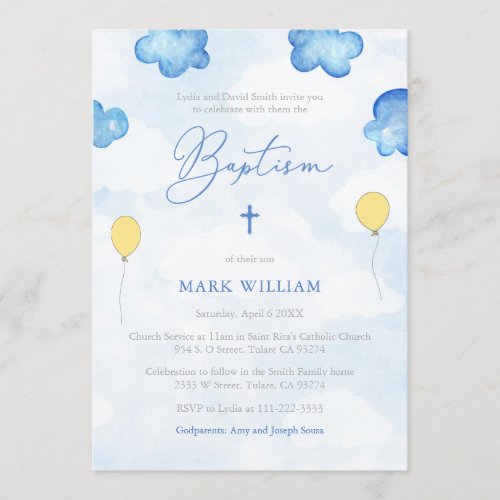 Sky and Clouds Baptism With Yellow Balloons Invitation
