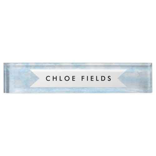 Sky and Ocean Blue White Clouds Watercolor Painted Desk Name Plate