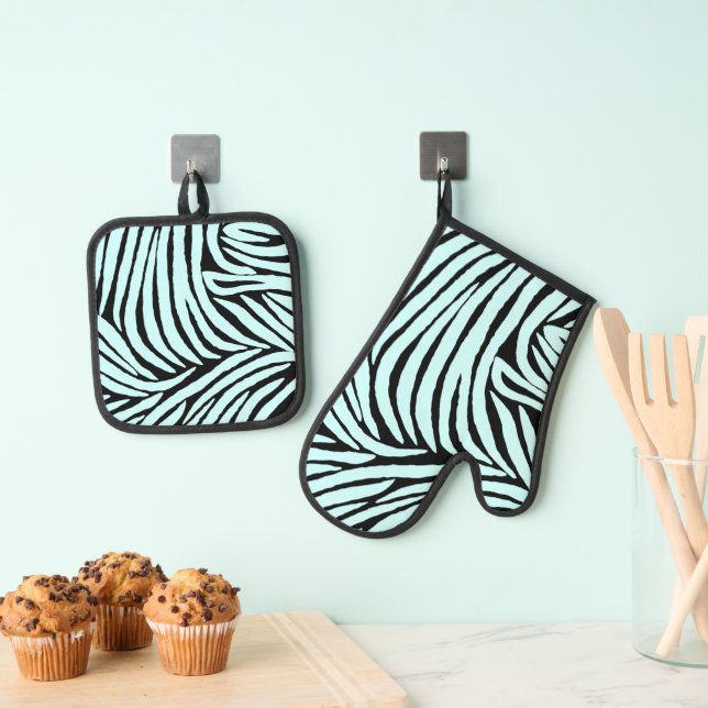Sky Aqua Blue Black Zebra Print Oven Mitt & Pot Holder Set (Insitu(Hanging))