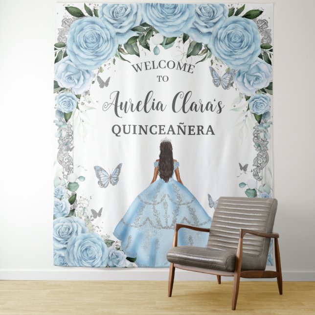Sky Baby Blue Floral Princess Quinceañera Backdrop (In Situ)
