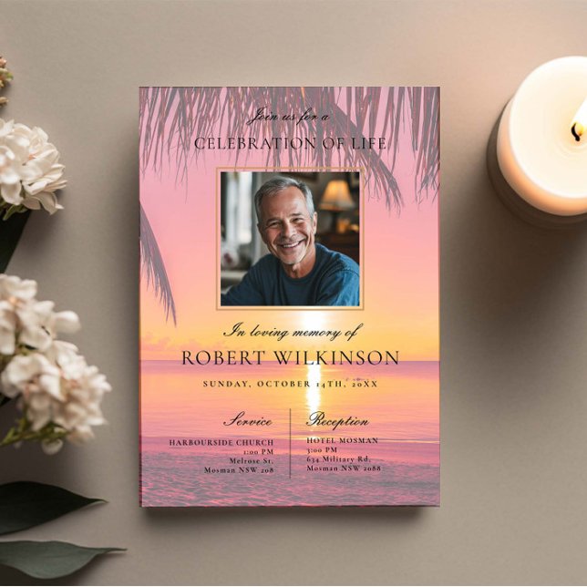 Sky Beach Sunset celebration of life Funeral Photo Invitation (Creator Uploaded)