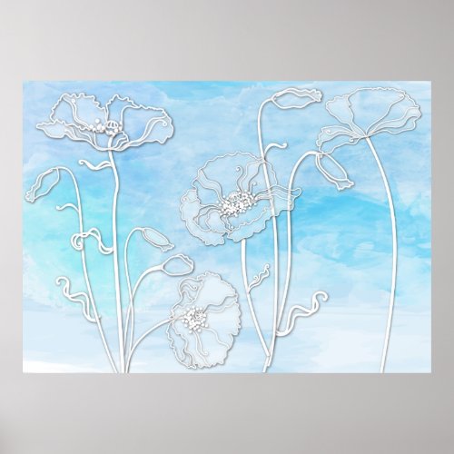 Sky Blue Abstract Watercolor and Poppies 3 Poster