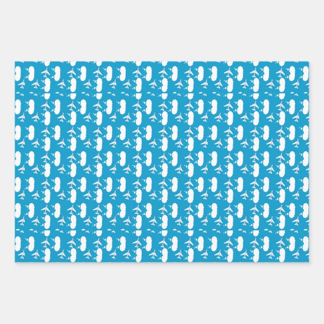 Sky Blue Airplane Pattern Wrapping Paper Sheets (Front)